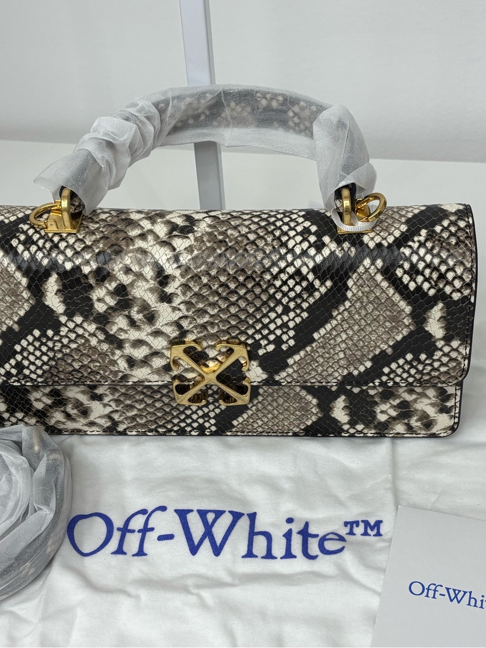 Off-White Snake Print Top-Handle/crossbody Bag in Black & Cream